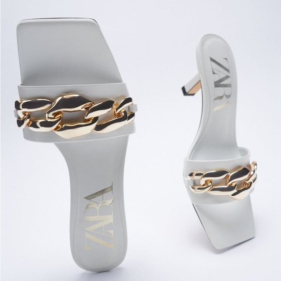 ZARA HIGH HEELED CHAIN SQUARED TOE WHITE SANDALS NEW WITH TAGS US 6.5 / EUR 37 - Picture 3 of 9
